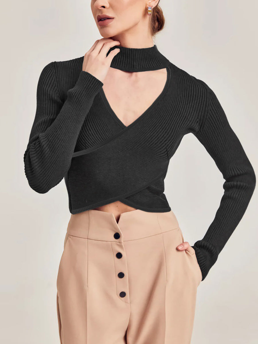 Stylish And Alluring Sexy Rib Cross Knitwear Long Sleeve T-Shirt