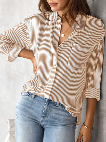 Blouses - Striped Button Down Roll-up Long Sleeves Point Collar Blouse - MsDressly