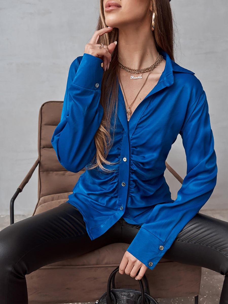 Blouses - Solid Color Pleated Temperament Elegant Blouse - MsDressly