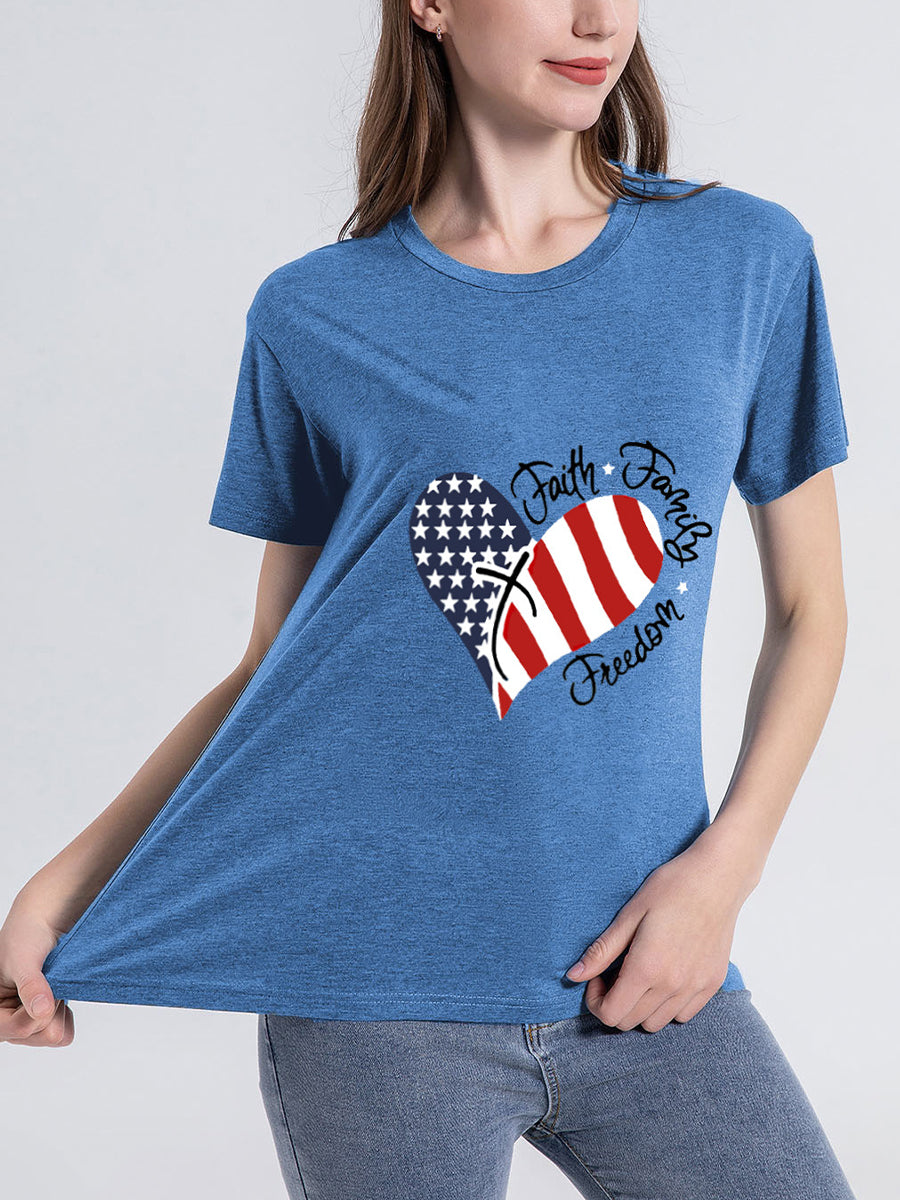 T-Shirts - Heart Flag Print Letter Short Sleeve T-Shirt - MsDressly