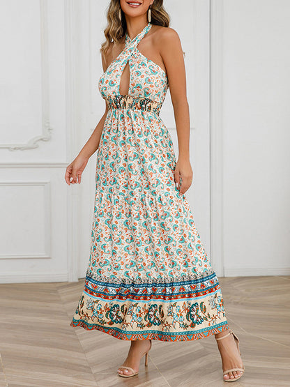 Midi Dresses - Sexy Retro Floral Slim Fit Halter Neck Midi Dress - MsDressly