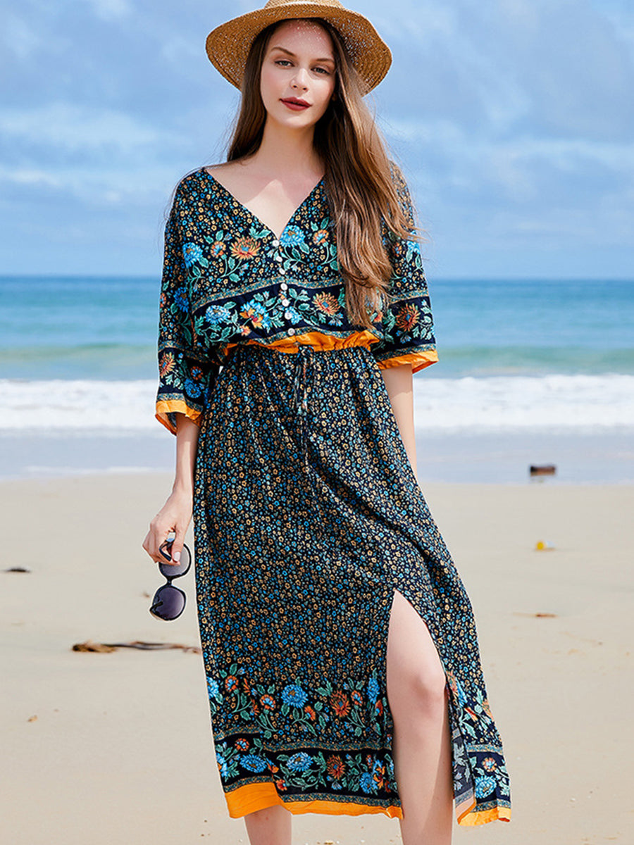 Midi Dresses - V Neck Loose Floral Button Slit Midi Dress - MsDressly