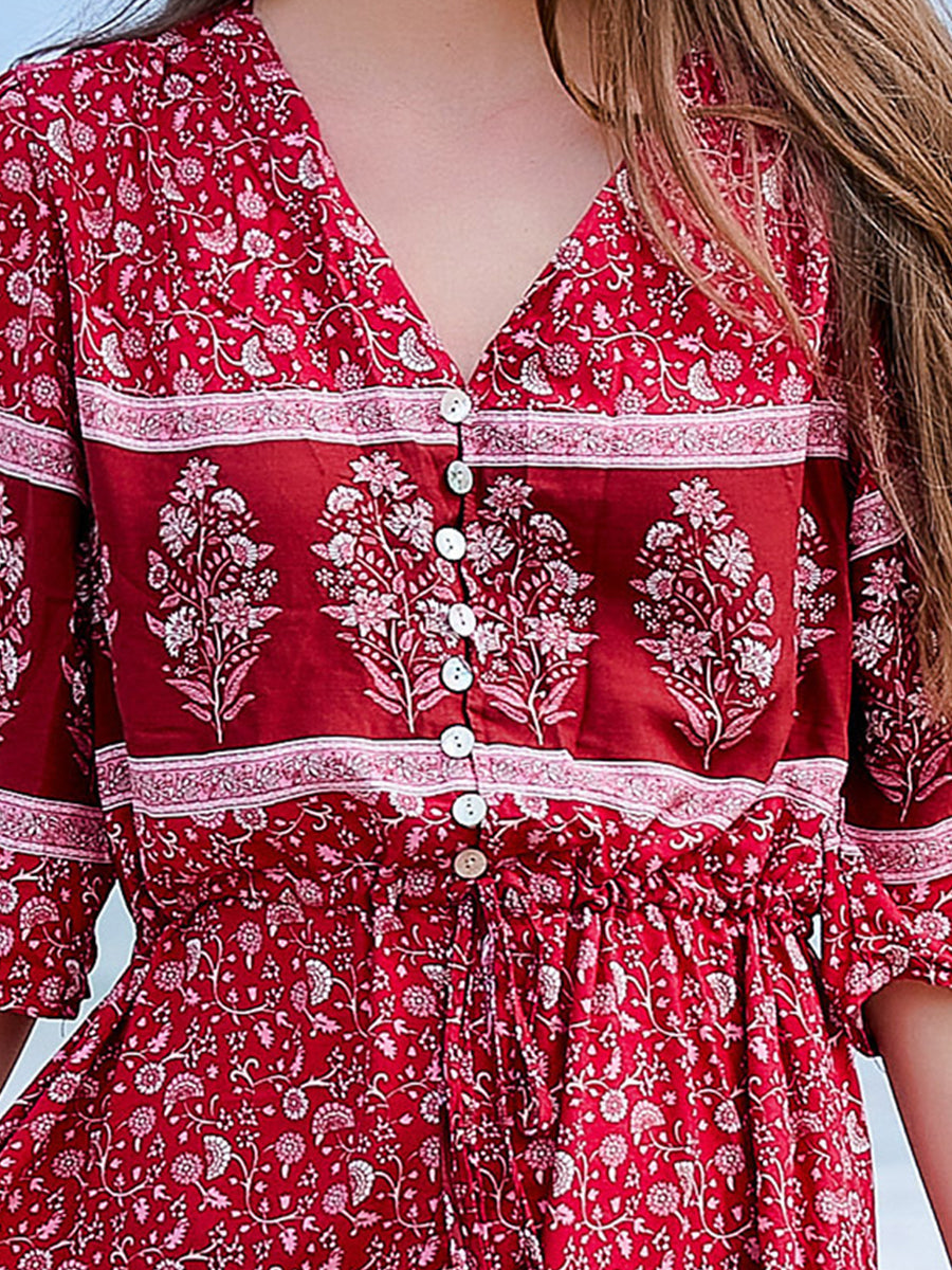 Midi Dresses - V Neck Loose Floral Button Slit Midi Dress - MsDressly