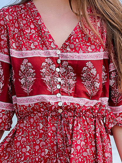 Midi Dresses - V Neck Loose Floral Button Slit Midi Dress - MsDressly