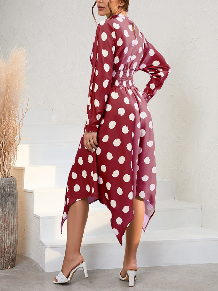 Midi Dresses - Unique And Chic Style Irregular Polka Dot Long Sleeve Midi Dress - MsDressly