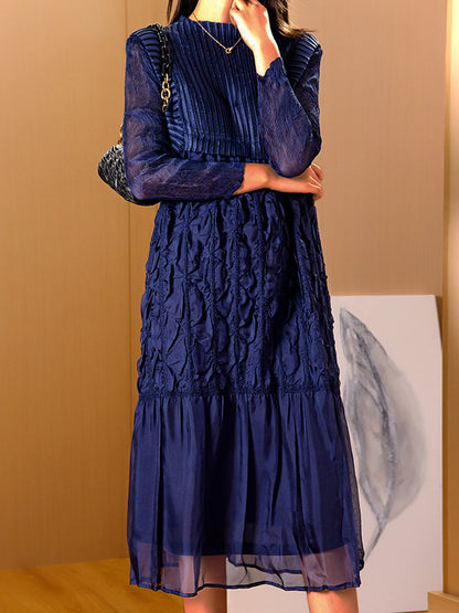 Midi Dresses - Plus Size Pleated Slim Round Neck Midi Dress - MsDressly