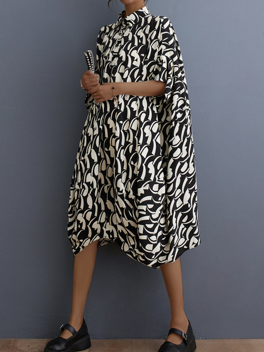 Midi Dresses - Literary Retro Floral Loose Lapel Temperament Midi Dress - MsDressly