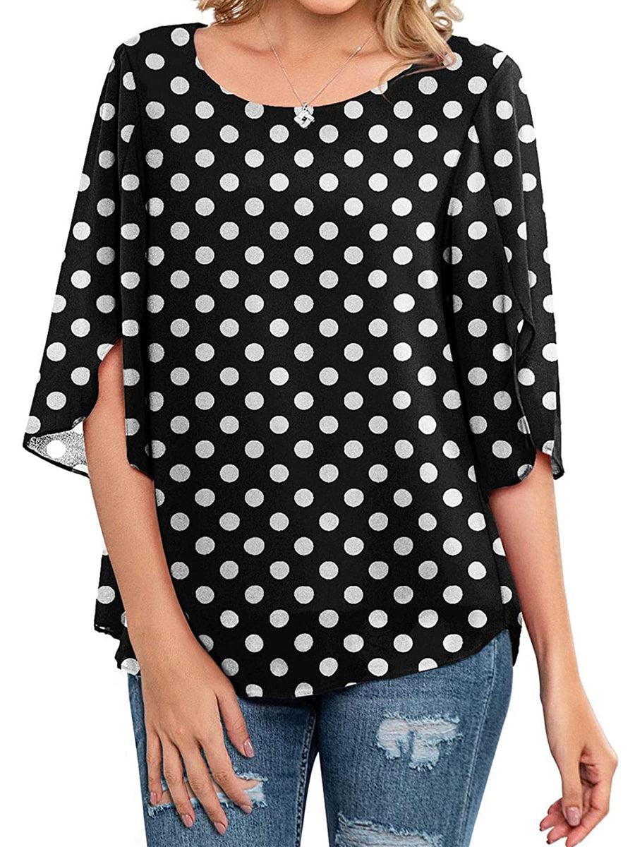 T-Shirts - Casual Scoop Neck Loose 3/4 Sleeve Chiffon T-Shirt - MsDressly