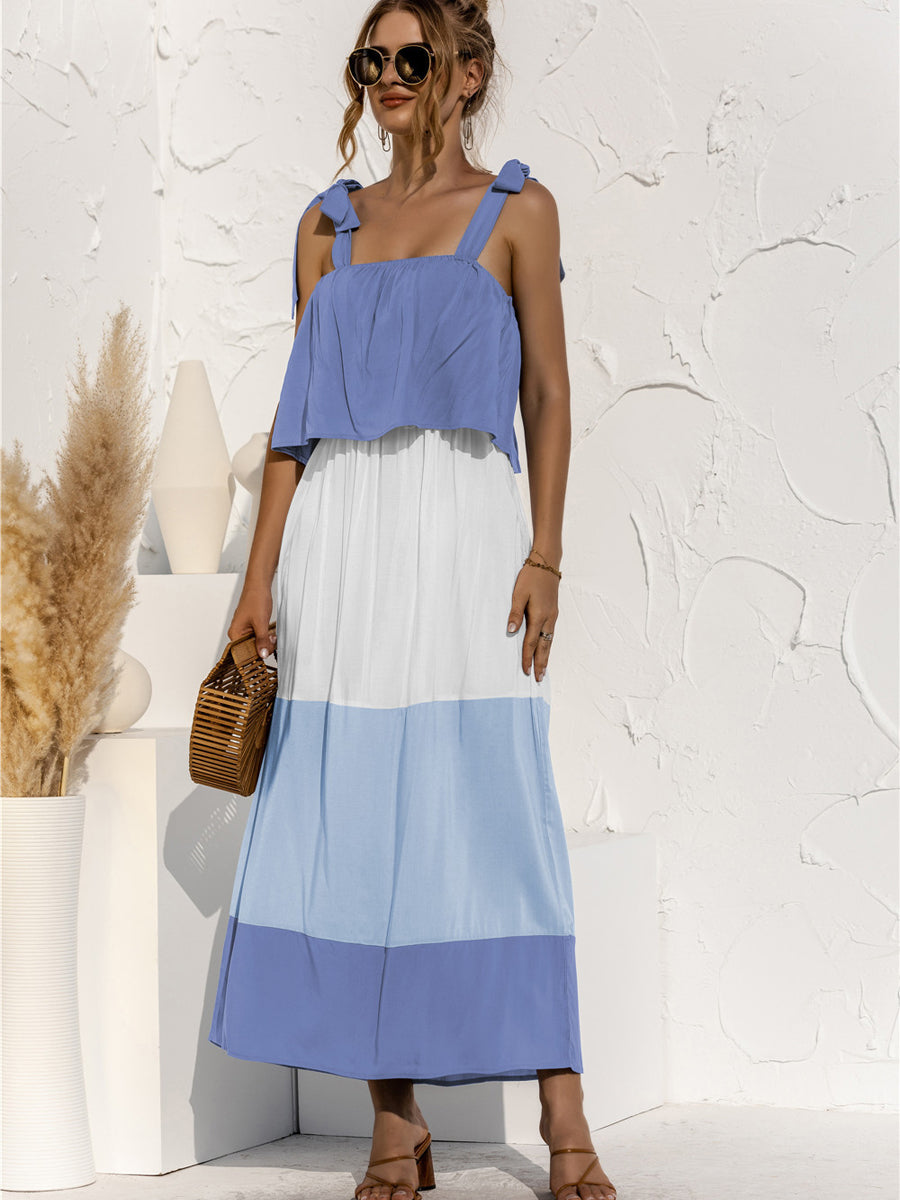 Midi Dresses - Color Block Tie Shoulder Tiered Sleeveless Midi Dress - MsDressly