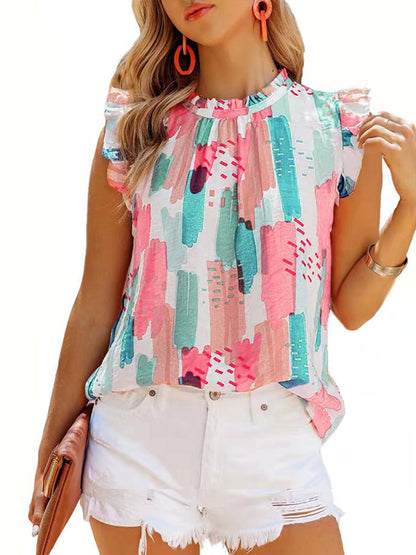 T-Shirts - Loose Printed Chiffon Round Neck Sleeveless T-Shirt - MsDressly