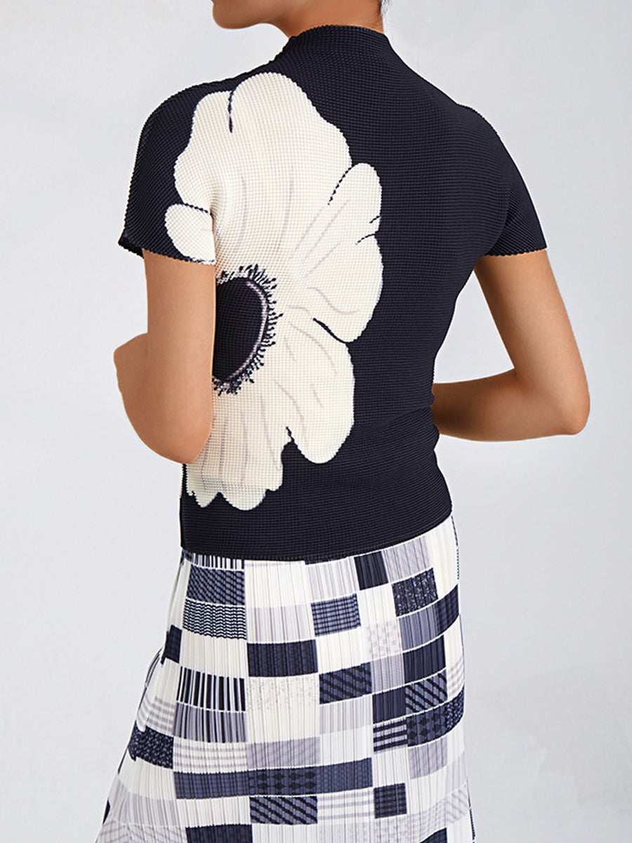 T-Shirts - Slim Pleated Elastic Print Commuting All Match Short Sleeved T-Shirt - MsDressly