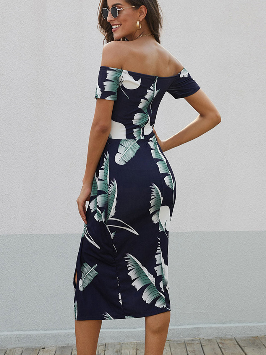 Midi Dresses - Printed Off-Shoulder Split Midi Dress - MsDressly
