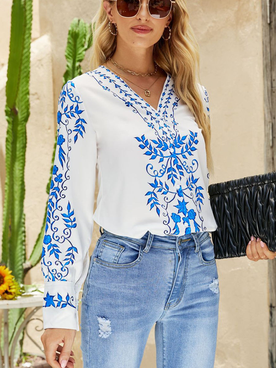 Stylish Button Print Casual Comfortable V Neck Blouse