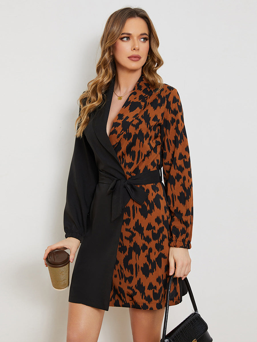 Mini Dresses - Leopard Print Long Sleeve Waist Stitching Elegant Mini Dress - MsDressly