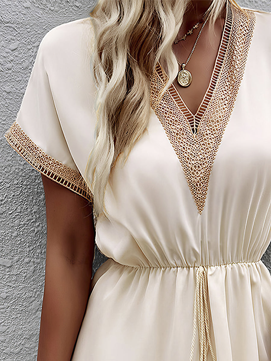 Mini Dresses - Casual Holiday Lace Stitching Waist V Neck Mini Dress - MsDressly