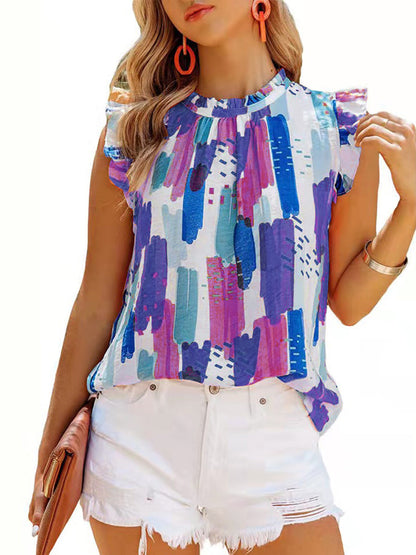 T-Shirts - Loose Printed Chiffon Round Neck Sleeveless T-Shirt - MsDressly