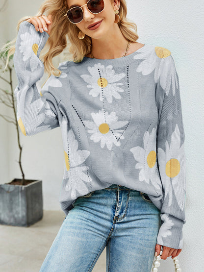 Sweaters - Davi & Dani Daisy Print Crew Neck Loose Knit Sweater - MsDressly