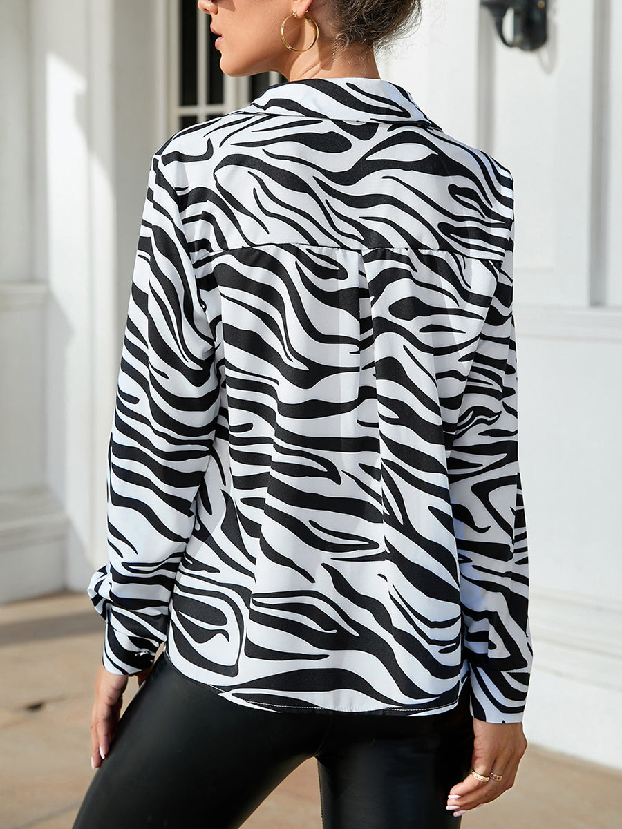 Blouses - Printed Single-Breasted Long-Sleeved Blouse - MsDressly