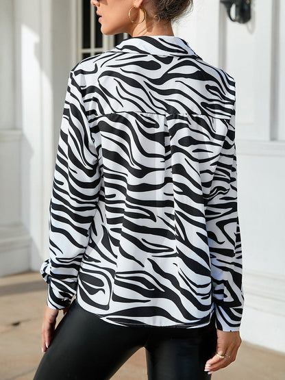 Blouses - Printed Single-Breasted Long-Sleeved Blouse - MsDressly