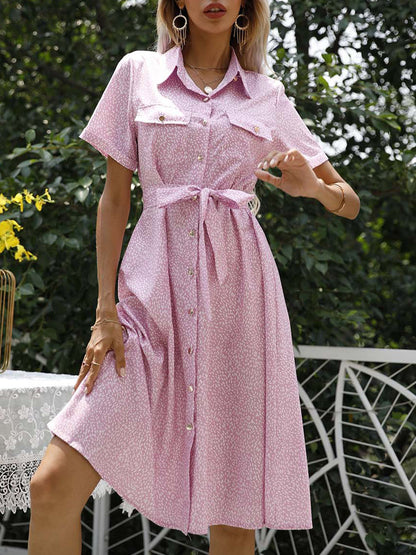 Midi Dresses - Floral Print Button Short Sleeve Midi Dress - MsDressly