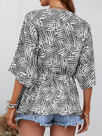 T-Shirts - Stylish and Comfortable Loose Print Bat Sleeve V-Neck T-Shirt - MsDressly