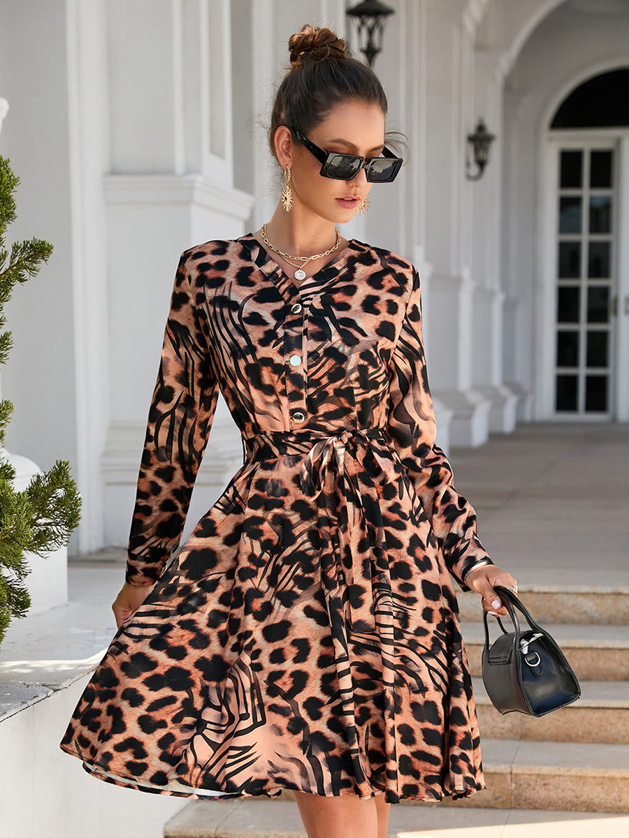 Sexy Buttons Printed Long Sleeved Mini Dress