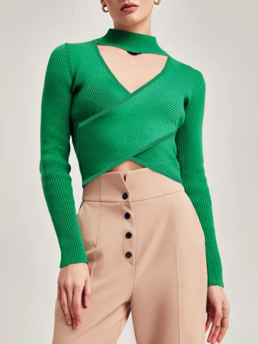 Stylish And Alluring Sexy Rib Cross Knitwear Long Sleeve T-Shirt