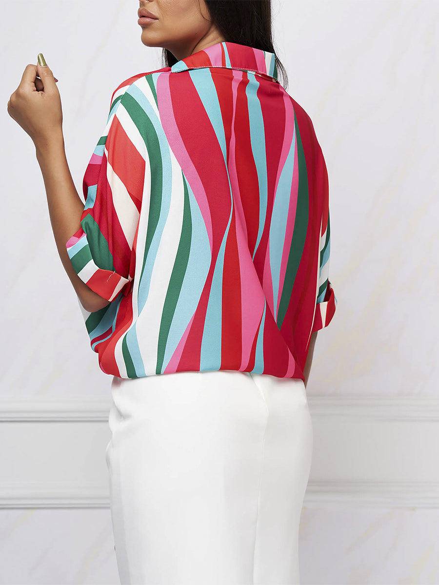 Blouses - Striped Print V Neck Loose Blouse - MsDressly
