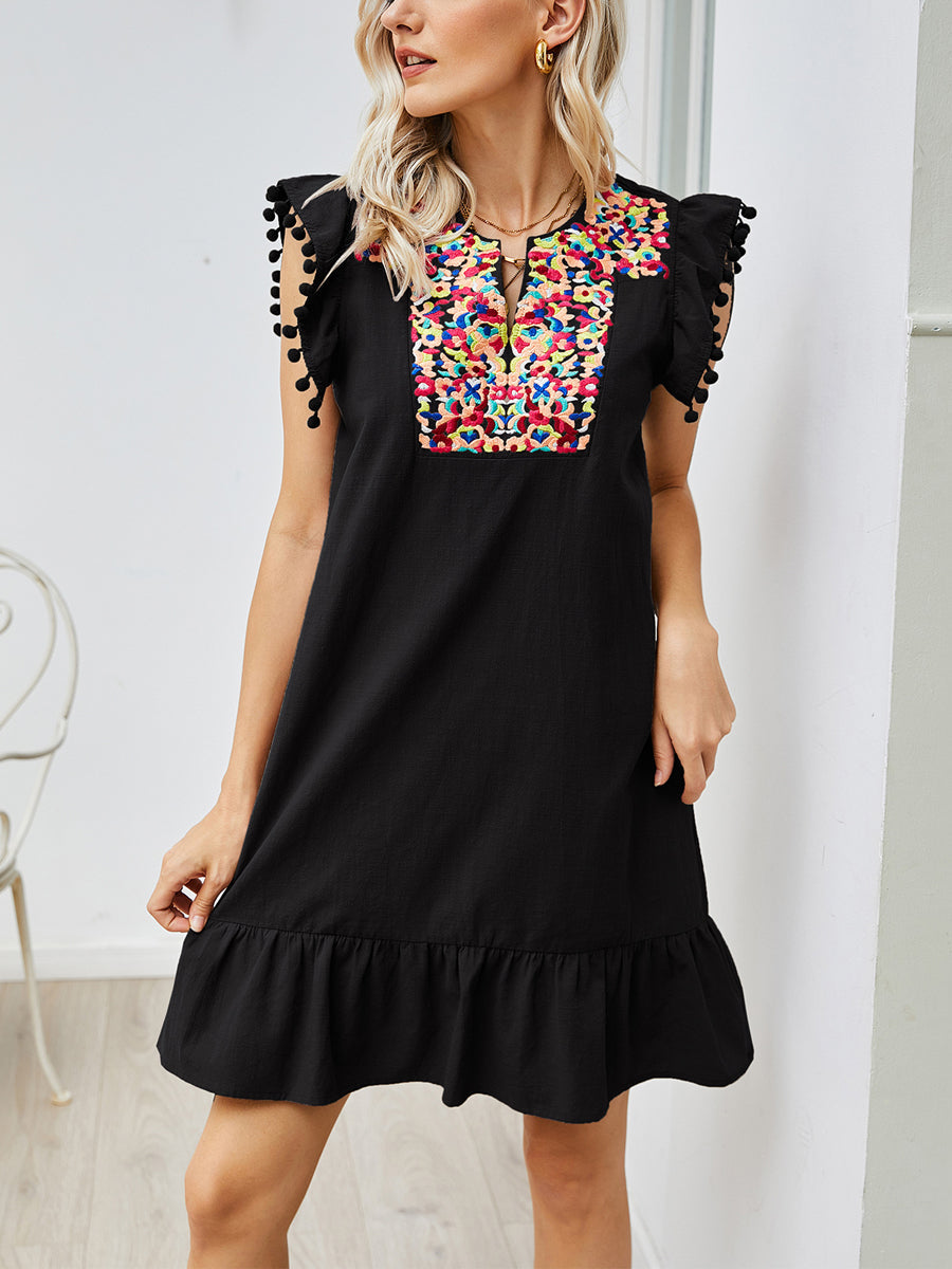 Mini Dresses - Embroidery Flutter Sleeve Mini Dress - MsDressly
