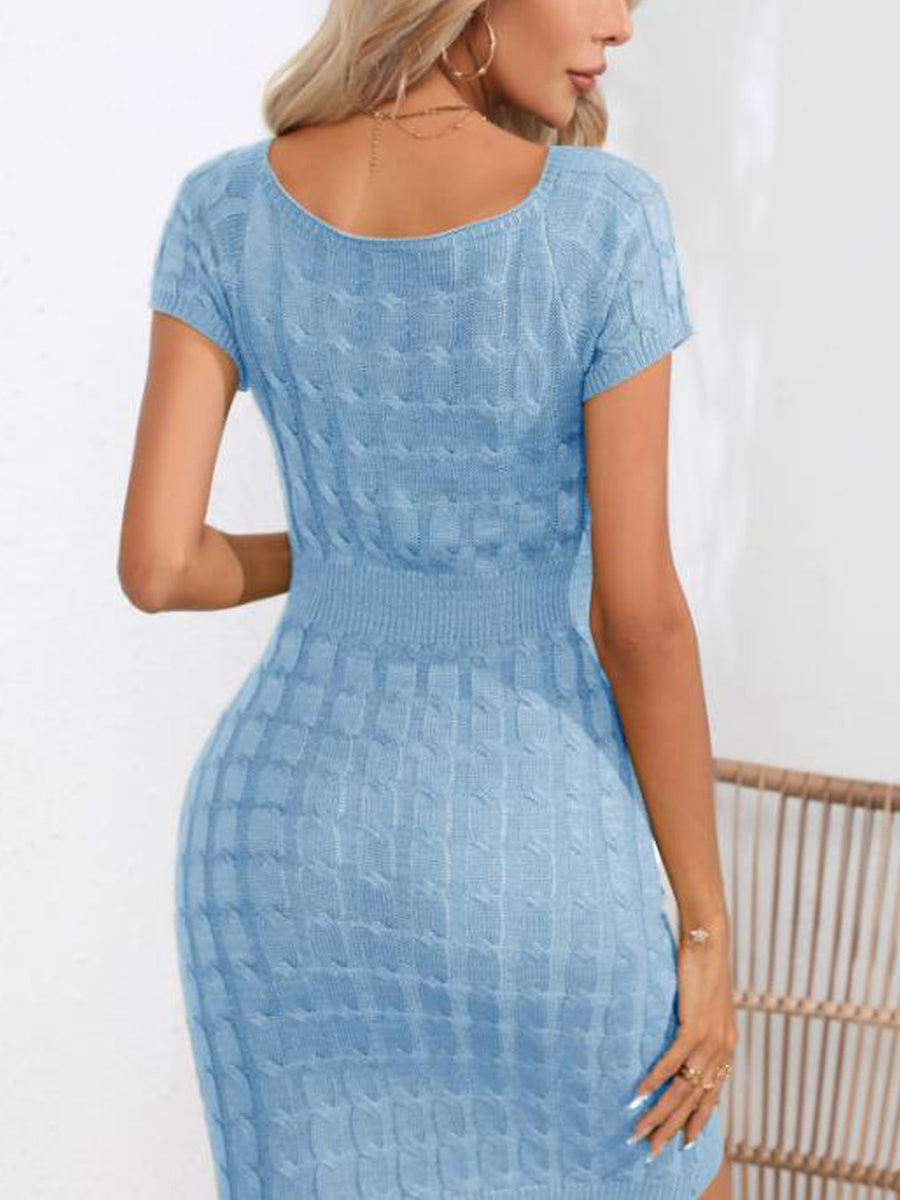 Mini Dresses - Decorative Button Round Neck Short Sleeve Sweater Mini Dress - MsDressly