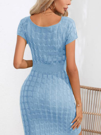 Mini Dresses - Decorative Button Round Neck Short Sleeve Sweater Mini Dress - MsDressly