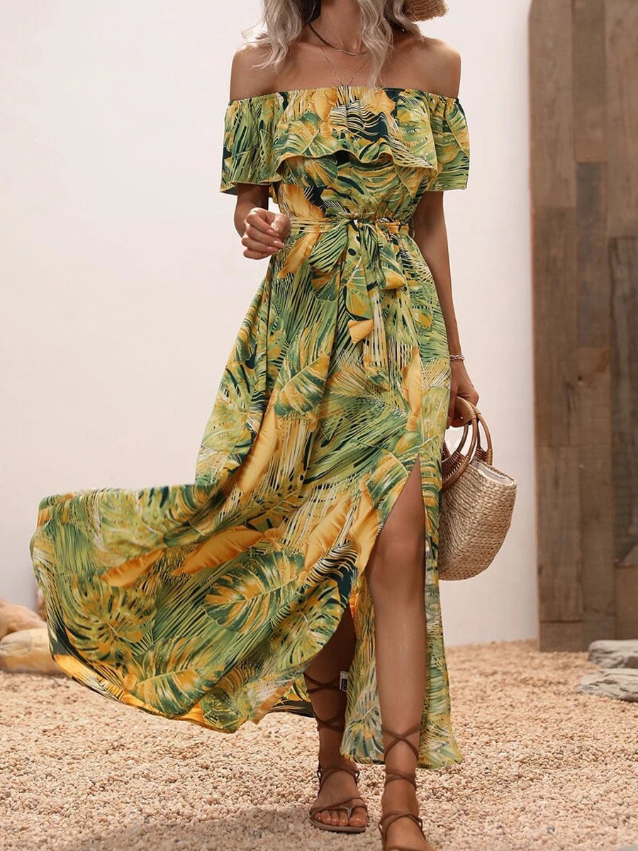 Fashion Print Sexy Slit High Waist Maxi Dress