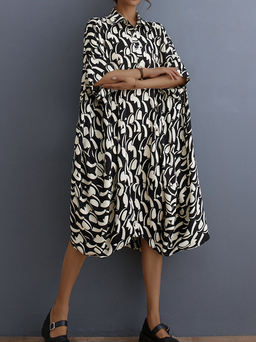 Midi Dresses - Literary Retro Floral Loose Lapel Temperament Midi Dress - MsDressly