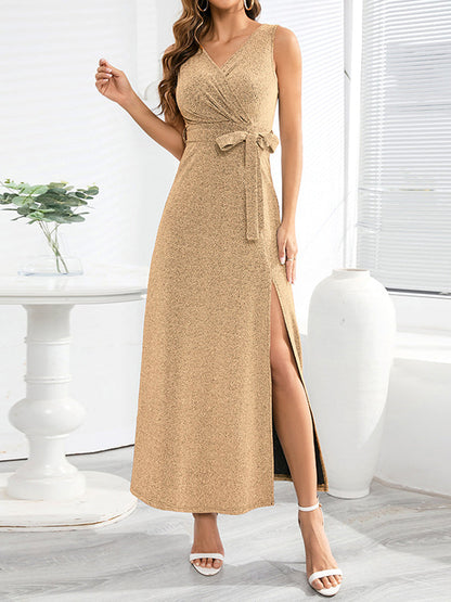 Midi Dresses - Sexy Slit Lace Slim V-Neck Sleeveless Midi Dress - MsDressly