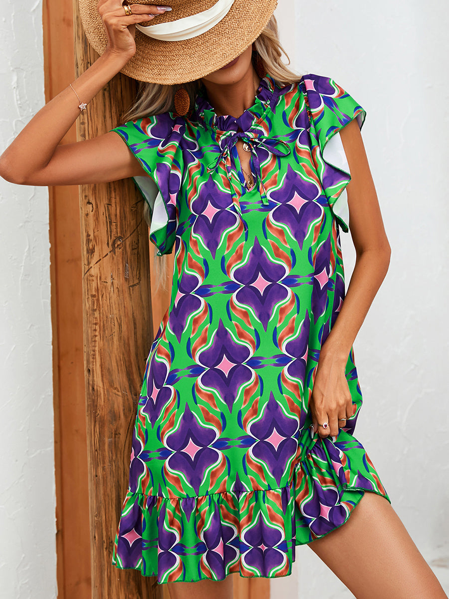 Mini Dresses - Printed Ruffle Loose Fashion Mini Dress - MsDressly