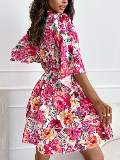 Mini Dresses - Casual Floral Deep V Waist Short Sleeve Mini Dress - MsDressly