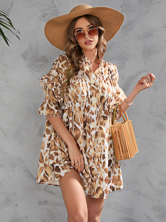 Printed Single Breasted Five-Point Sleeve Mini Dress