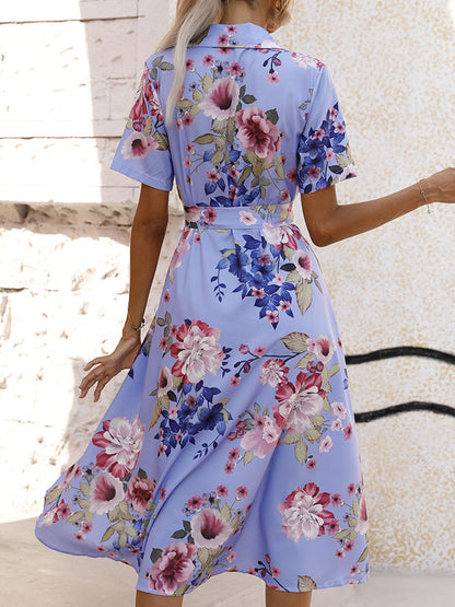 Midi Dresses - Printed Lace Up Lapel Waist Short Sleeved Midi Dress - MsDressly