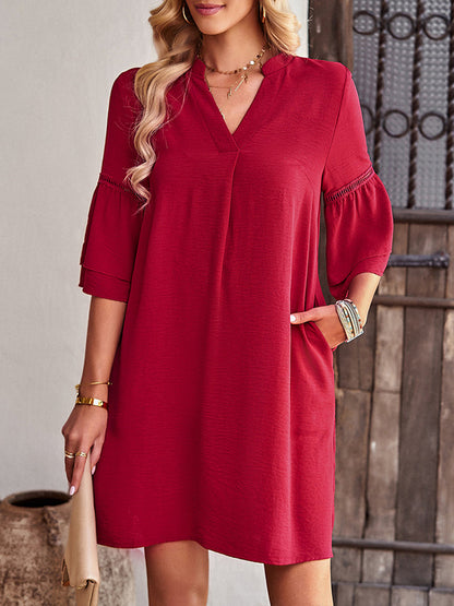Solid Color Loose V Neck Mini Dress