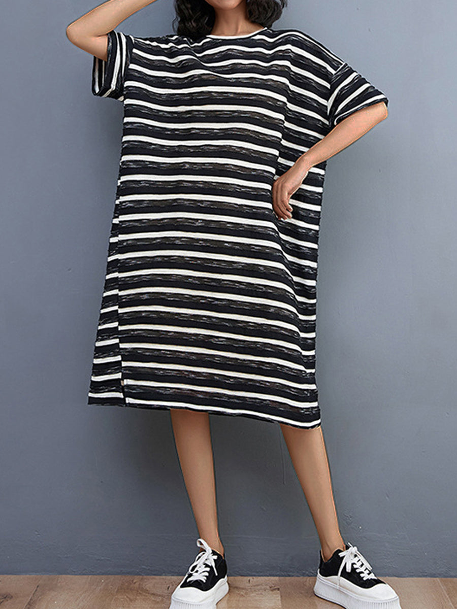 Midi Dresses - Literary And Retro Striped Loose Midi Dress - MsDressly