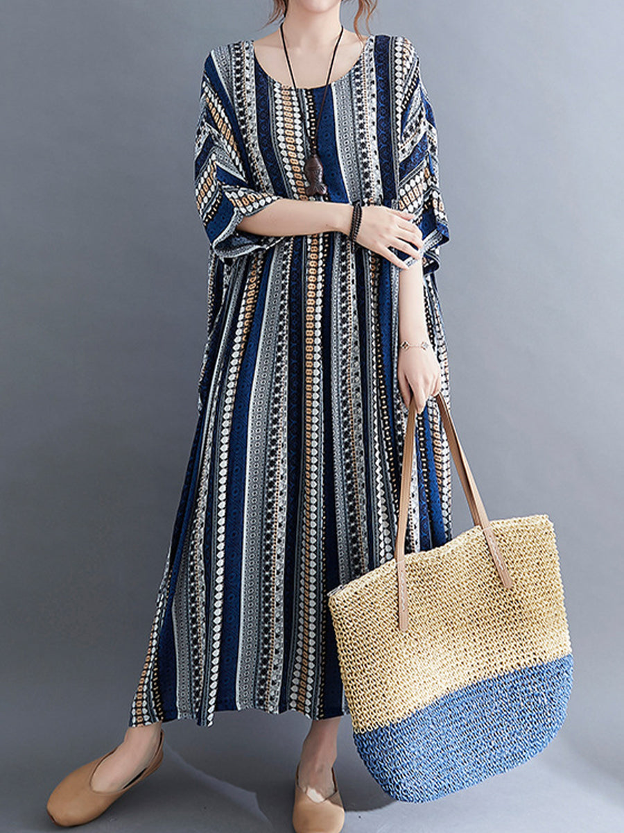 Maxi Dresses - Vintage Stripe Loose Short Sleeve Maxi Dress - MsDressly