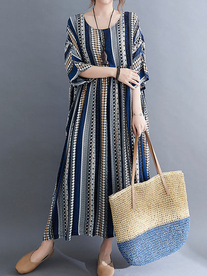 Maxi Dresses - Vintage Stripe Loose Short Sleeve Maxi Dress - MsDressly