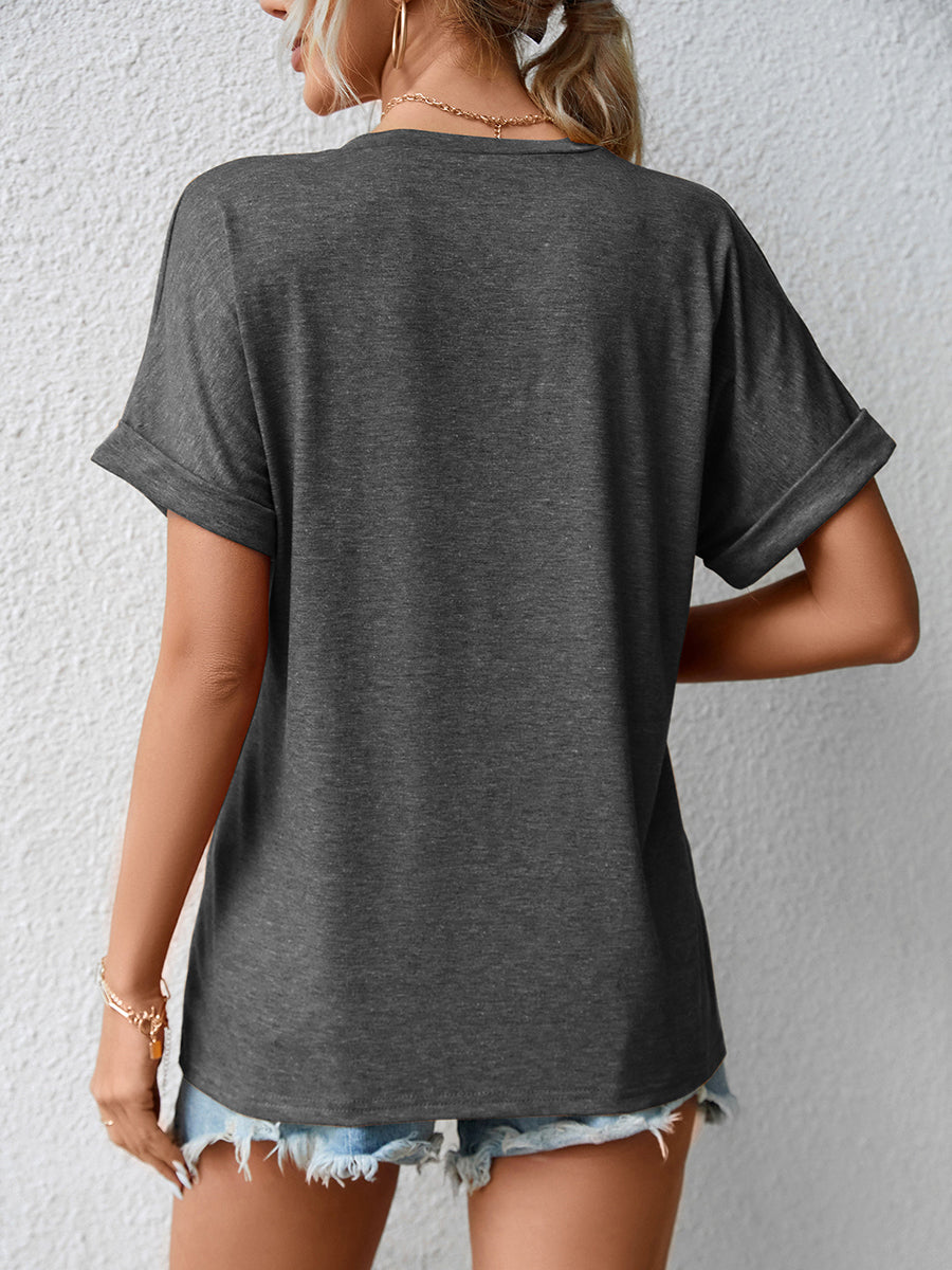T-Shirts - Casual V Neck Button Loose Solid Color T-Shirt - MsDressly