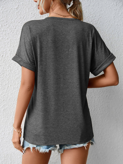 T-Shirts - Casual V Neck Button Loose Solid Color T-Shirt - MsDressly