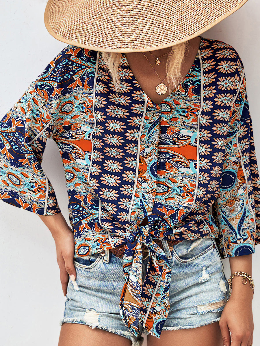 Blouses - Tie Hem V-Neck Three-Quarter Sleeve Blouse - MsDressly