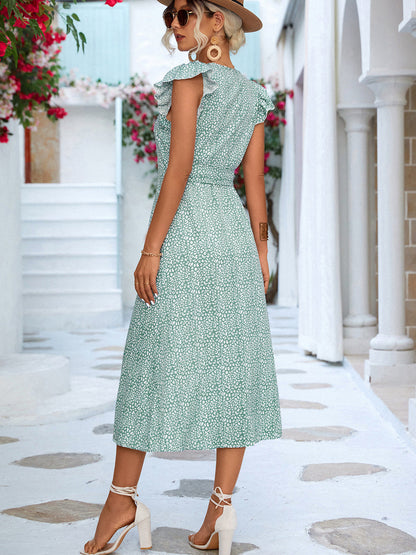 Midi Dresses - Printed Tied Flutter Sleeve Midi Dress - MsDressly