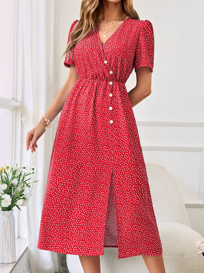 Midi Dresses - Fresh Printed Waist Tie V-Neck Midi Dress - MsDressly