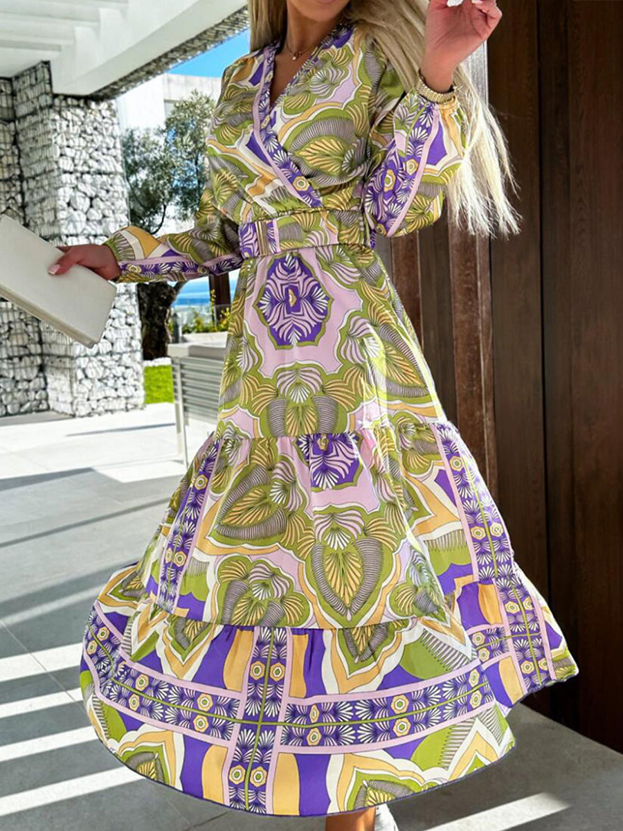 Midi Dresses - Fashion V Neck Printed Long Sleeve Midi Dress - MsDressly