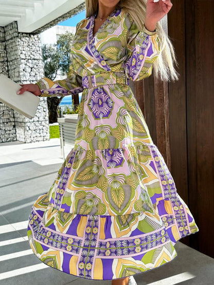 Midi Dresses - Fashion V Neck Printed Long Sleeve Midi Dress - MsDressly