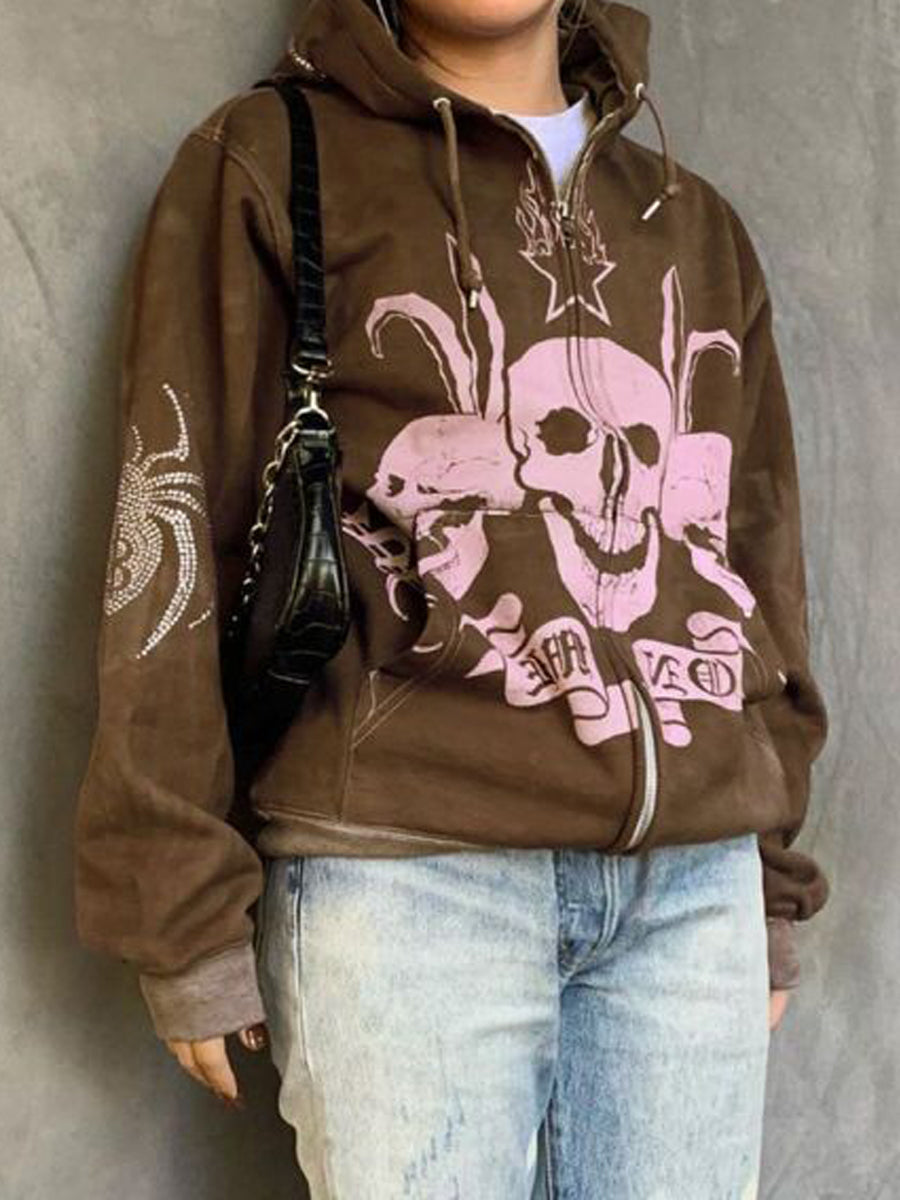 Hoodies - Spider Skull Print Goth Harajuku Punk Hoodie - MsDressly